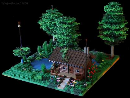 Complete LEGO Log Cabin scene from LEGO Log Cabin version 5 GallaghersArt_lc_090330_d.jpg - Complete LEGO Log Cabin scene, with one unfinished LEGO tree 