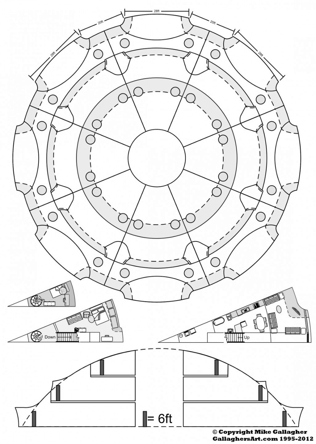 Layout of 8 separate housing areas from 3rd Floor for Dome GallaghersArt_40m_Circle_01sm.jpg - Layout of 8 separate housing areas with just over 3,000sq feet of space each. If needed they could be split in half for single room apartments. (single room floor layout shown). Center area could be open to air, and used as a community space. All uti