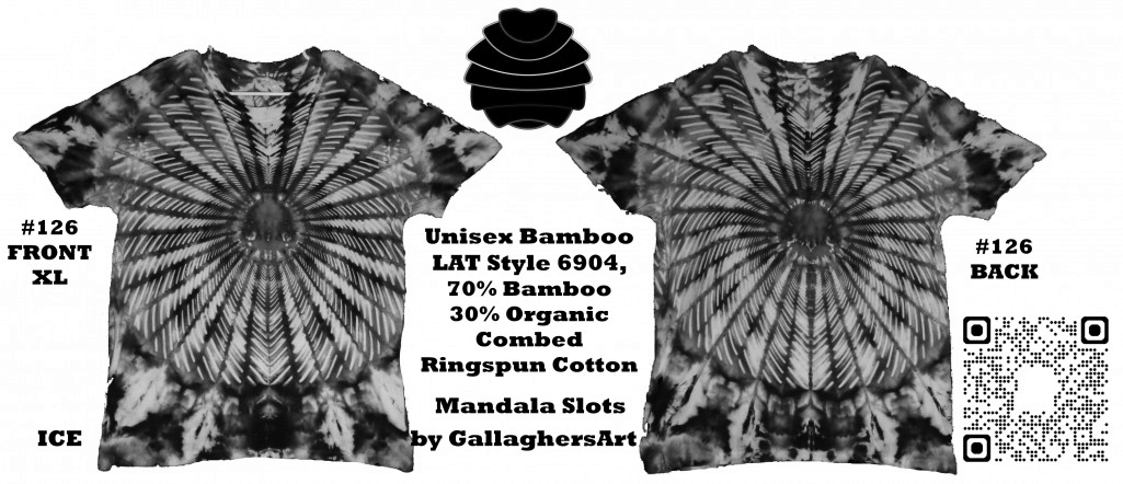 126 ga from Tie Dyenied #126 XL Mandala Slots, Unisex Bamboo / Ringspun Cotton 5.3oz GallaghersArt_126_ga.jpg - #126 XL Currently for Sale on Etsy. XL Mandala Slots, Unisex Bamboo 