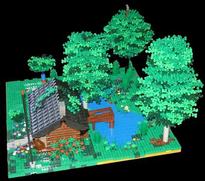 Gallaghersart lc 090330 b from LEGO Log Cabin version 5 gallaghersart_lc_090330_b.jpg - Complete LEGO Log Cabin scene, with one unfinished LEGO tree 