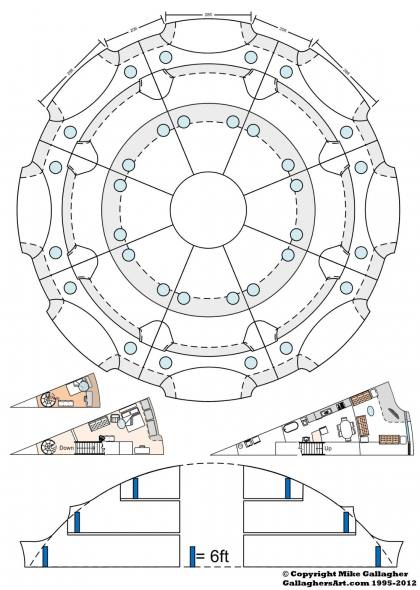 Gallaghersart 40m circle 01sm from 3rd Floor for Dome gallaghersart_40m_circle_01sm.jpg - Layout of 8 separate housing areas with just over 3,000sq feet of space each. If needed they could be split in half for single room apartments. (single room floor layout shown). Center area could be open to air, and used as a community space. All uti