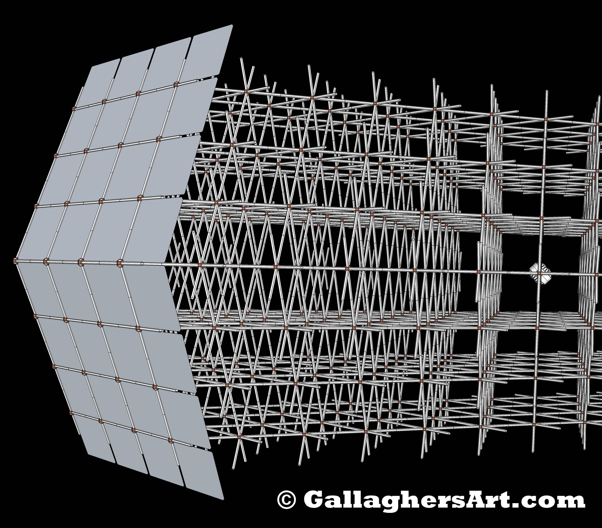 Gallaghersart grid 15 04 hb1 from Update on my Space Travel Idea  - Close up view of front of space ship with only the front shields in place with a single habitable hub middle right