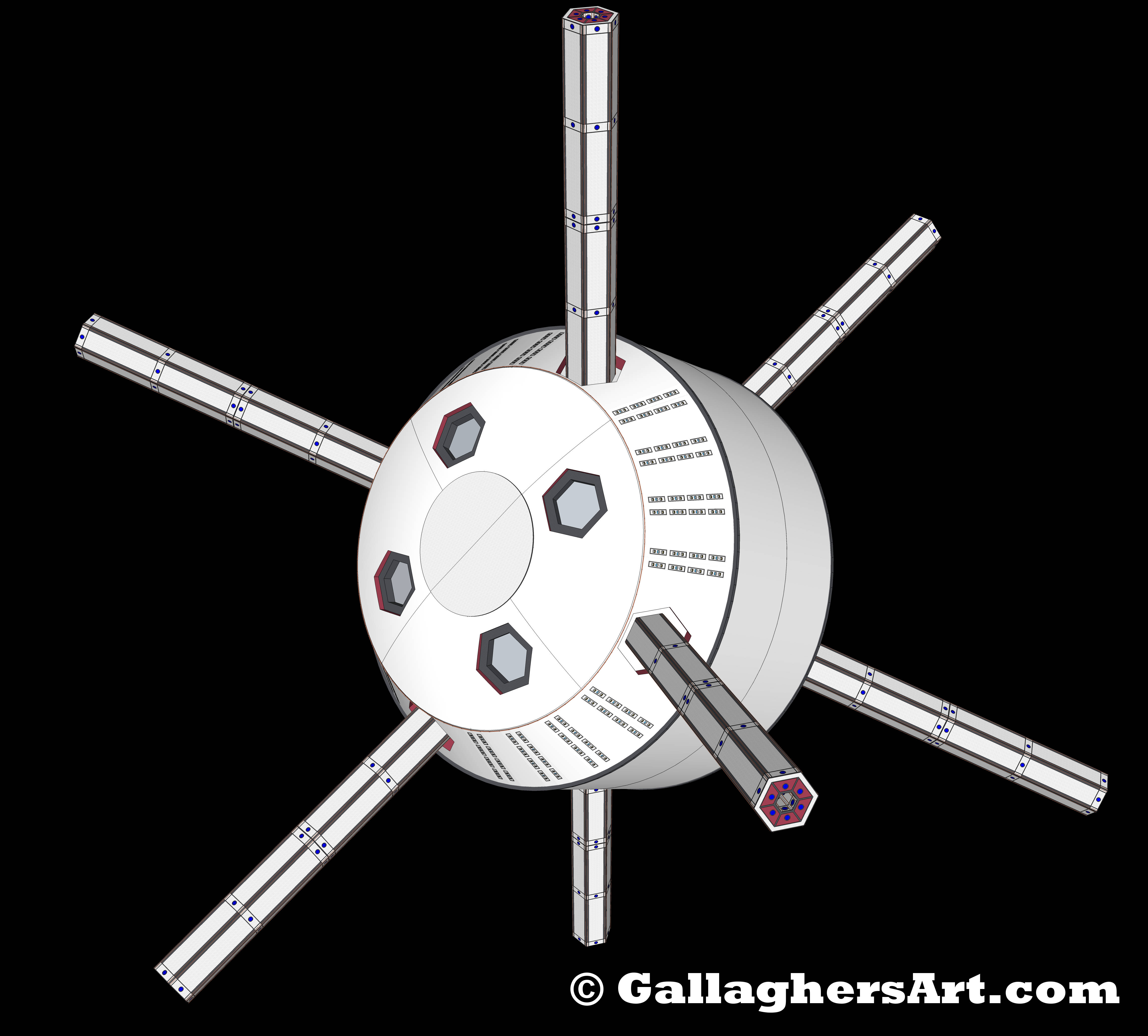 Gallaghersart hub 14 2 from Update on my Space Travel Idea  - View of habitable hub with 4 empty loading docks that can accept ends of the containers for loading and unloading. These areas would not be spinning. Only the inner middle part with in the hub would be spinning for gravity