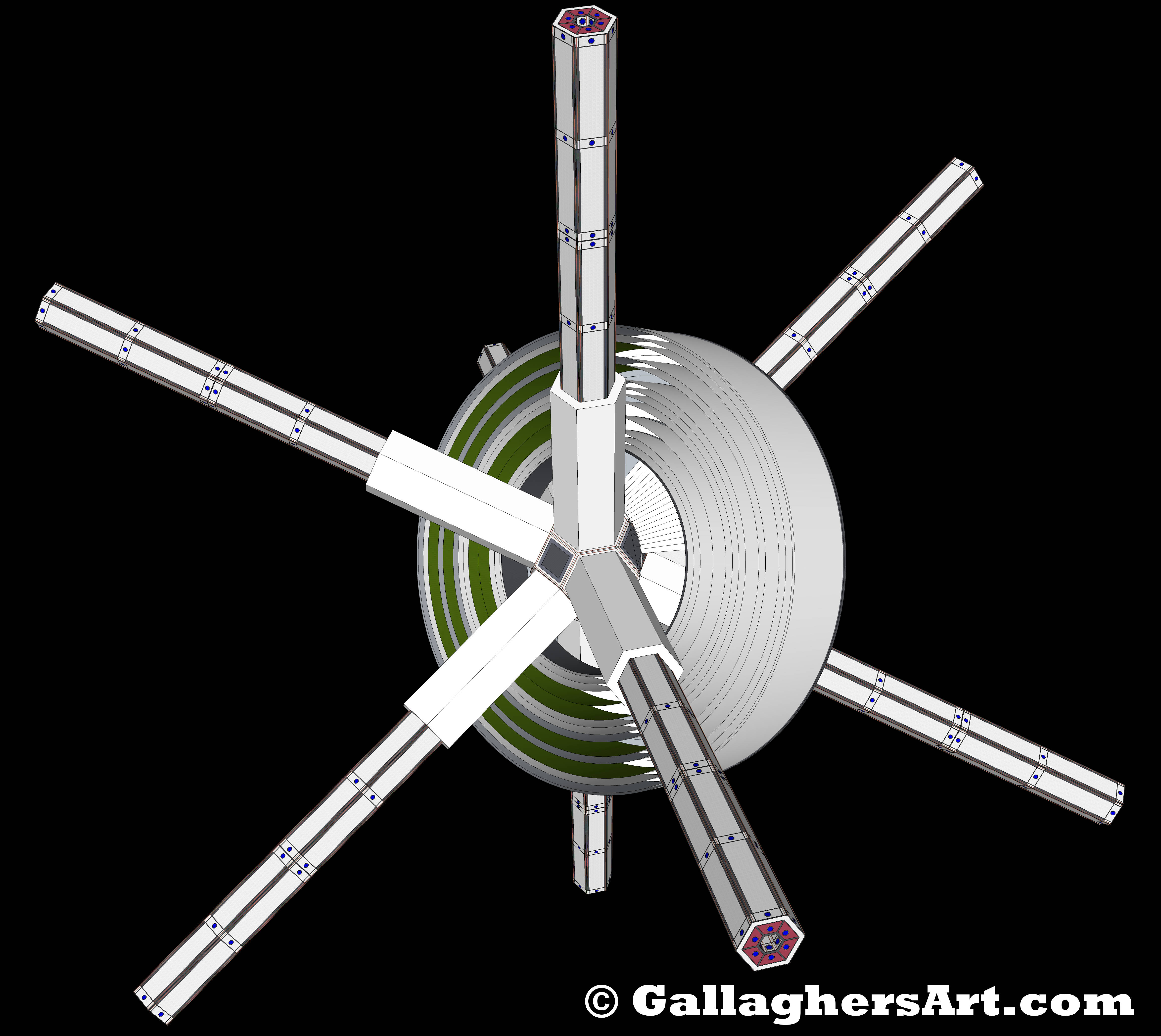 Gallaghersart hub 14 4 from Update on my Space Travel Idea  - Sliced view of habitable hub, with half of the gravitation area removed to view interior. The circular layers are the levels of floors that would maintain gravity while spinning