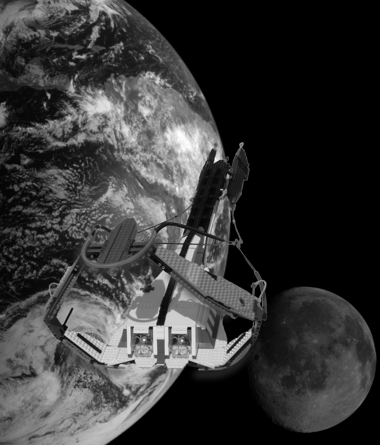 In space from LEGO Scout Space Ship  in_space.jpg  - ya, so, I made the background from 2 different NASA images, years later it made it way back to NASA as an original!  moon should be much smaller in real life