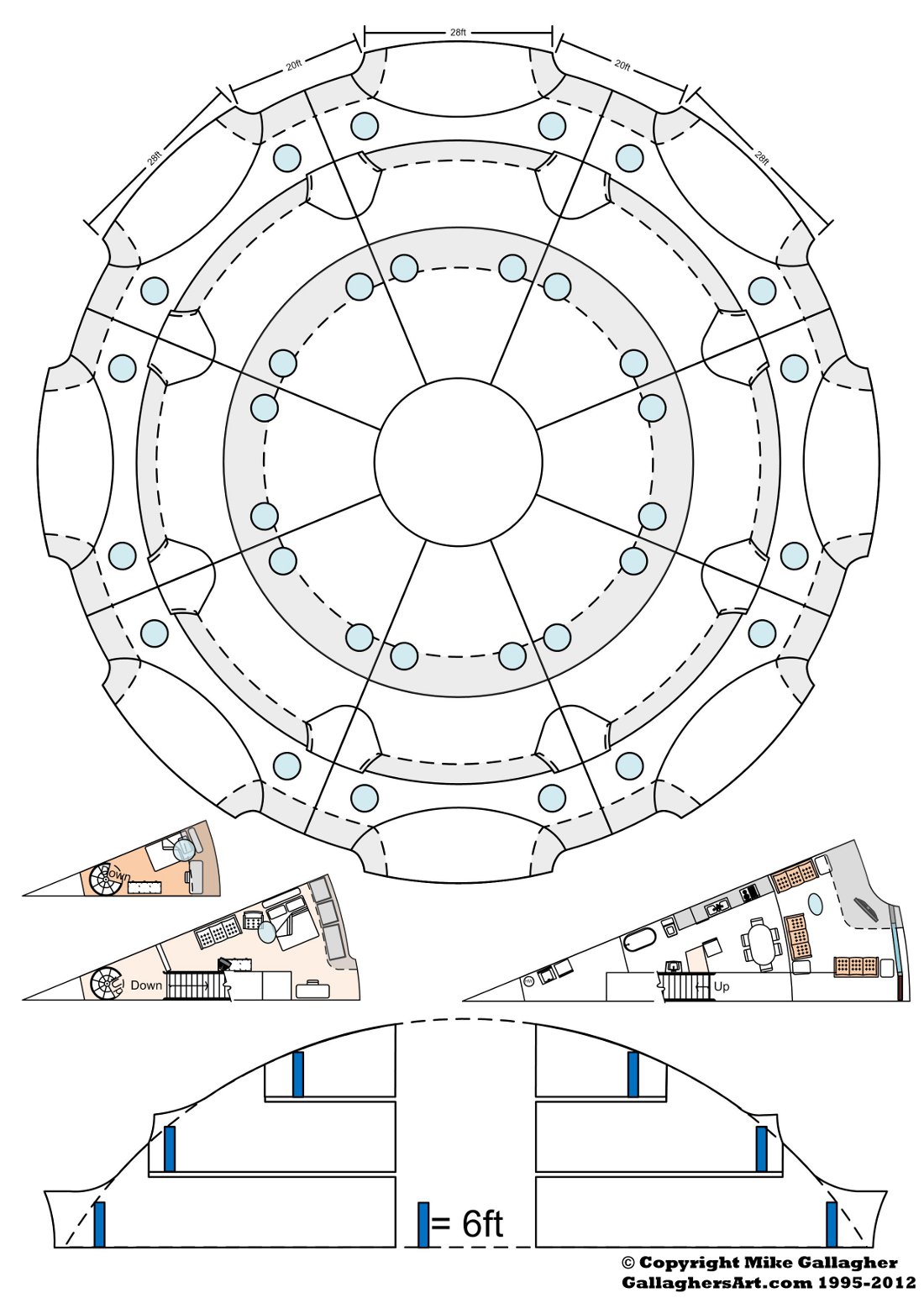 Gallaghersart 40m circle 01sm from 3rd Floor for Dome {inner:name}.{inner:extension} - Layout of 8 separate housing areas with just over 3,000sq feet of space each. If needed they could be split in half for single room apartments. (single room floor layout shown). Center area could be open to air, and used as a community space. All uti
