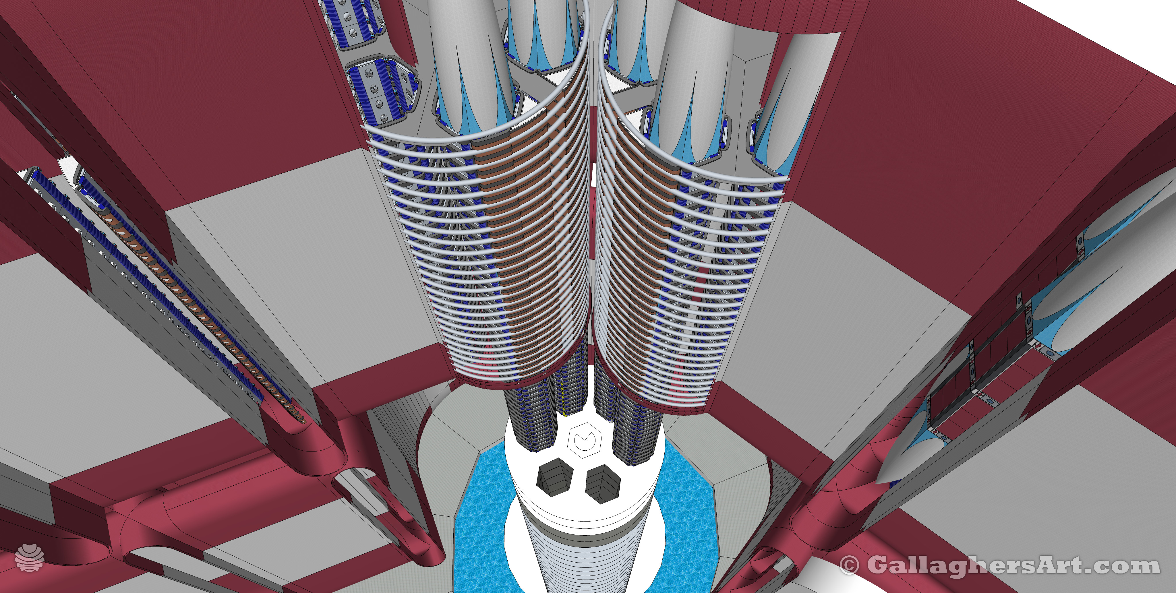 Gallaghersart launcher 023 s23 from Space Launch Dropper  - One third of Dropper is removed to display internal area.Six launch tubes converge into a single launch tube.