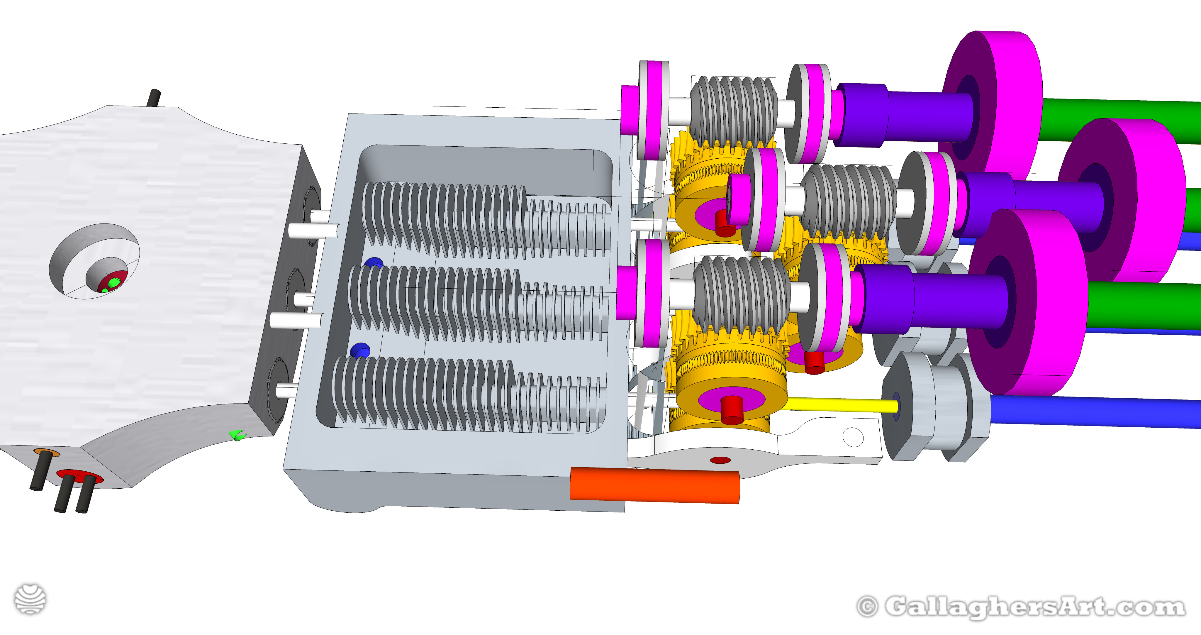 Gallaghersart gears 69 g05 30r2 c from My 3D Printer Designs  - 3x Remote Large Dual Gears Filament Extruder ver. 0.3 - Custom 05 30R2 Worm Gears with Water Cooler and 6 into 1 Hot end