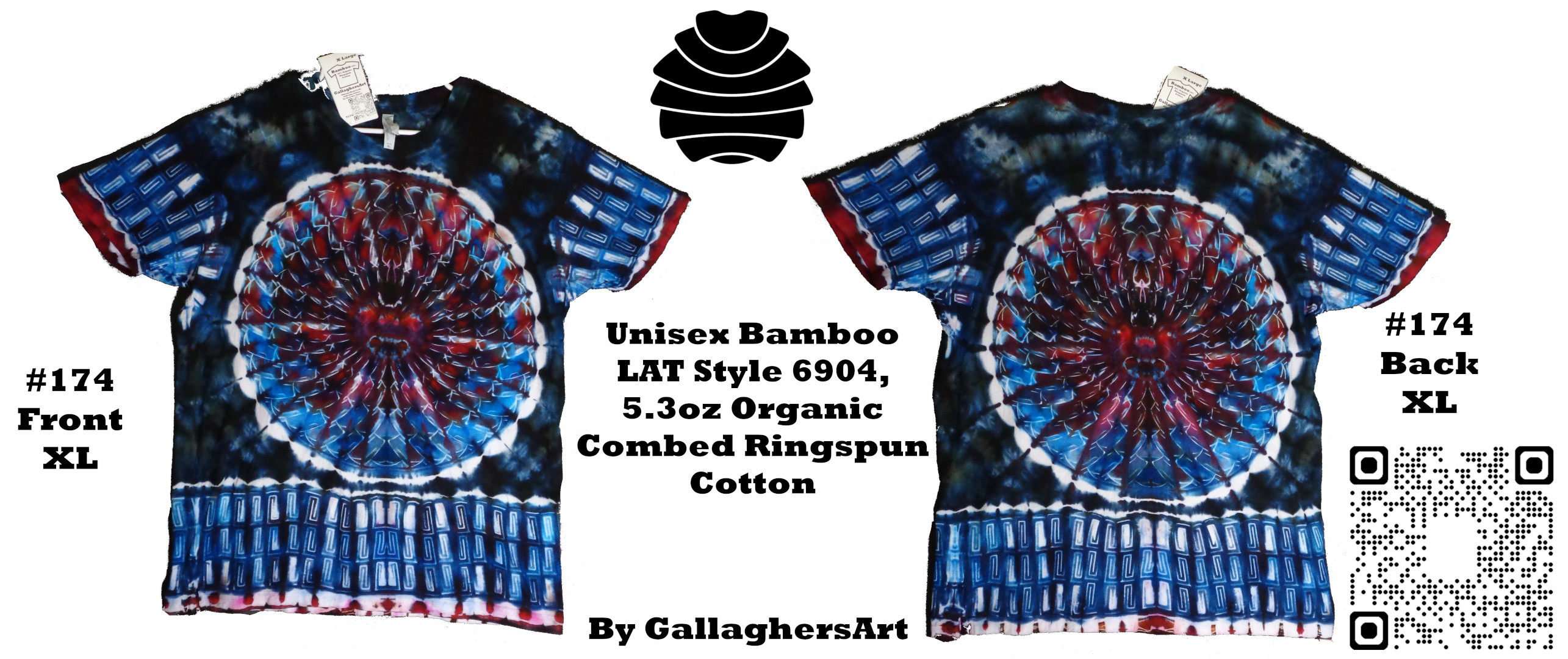 174 ga from Tie Dyenied #174 XL Bamboo, Dyenied Mandala and Dyenied Spirals, Unisex Bamboo 5.3oz Tee LAT Style 6904 Combed Ringspun Cotton  - #174 XL