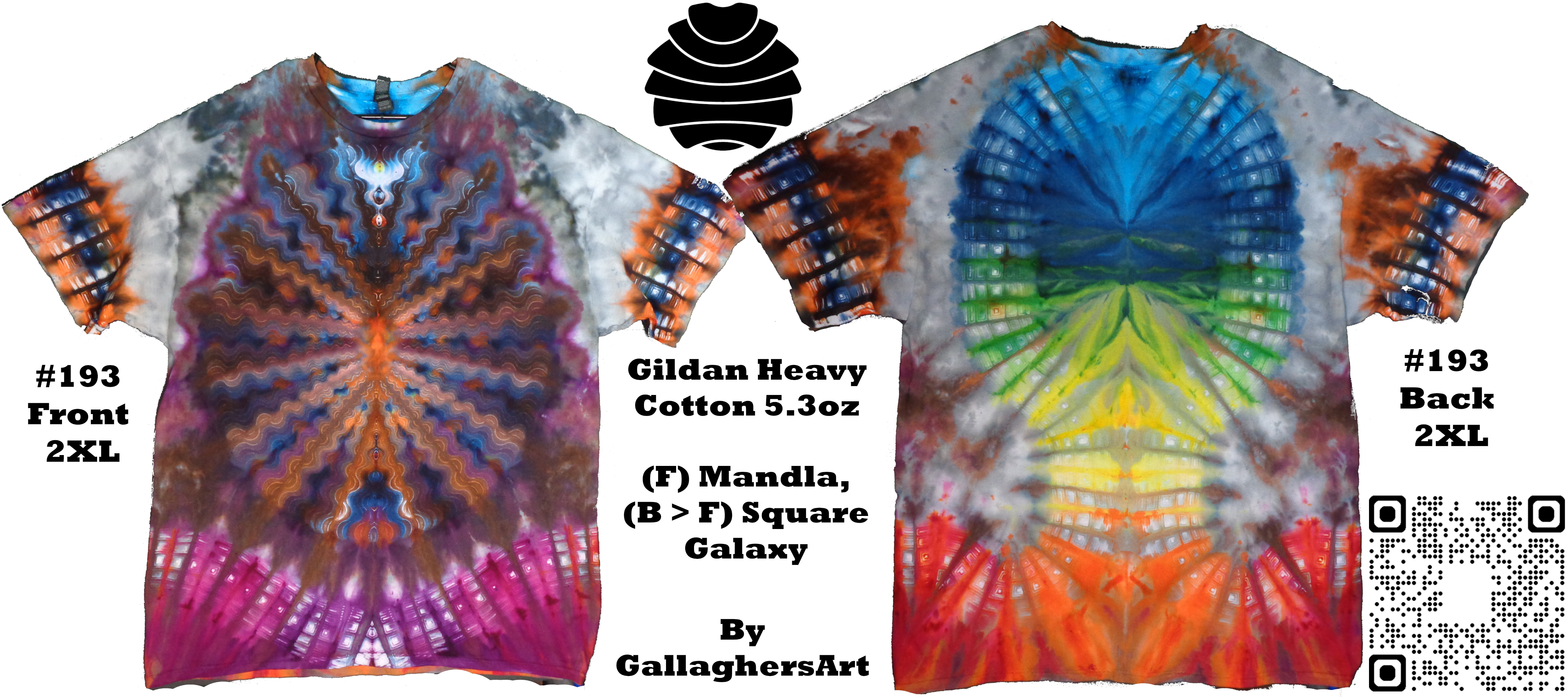 193 ga from Tie Dyenied #193 2X Large, (F) Mandala Waves, (B, arms) Square Galaxy. Gildan Ultra Cotton 6.1oz, PFD  - #193 2X Large, (F) Mandala Waves, (B, arms) Square Galaxy. Gildan Ultra Cotton 6.1oz, PFD