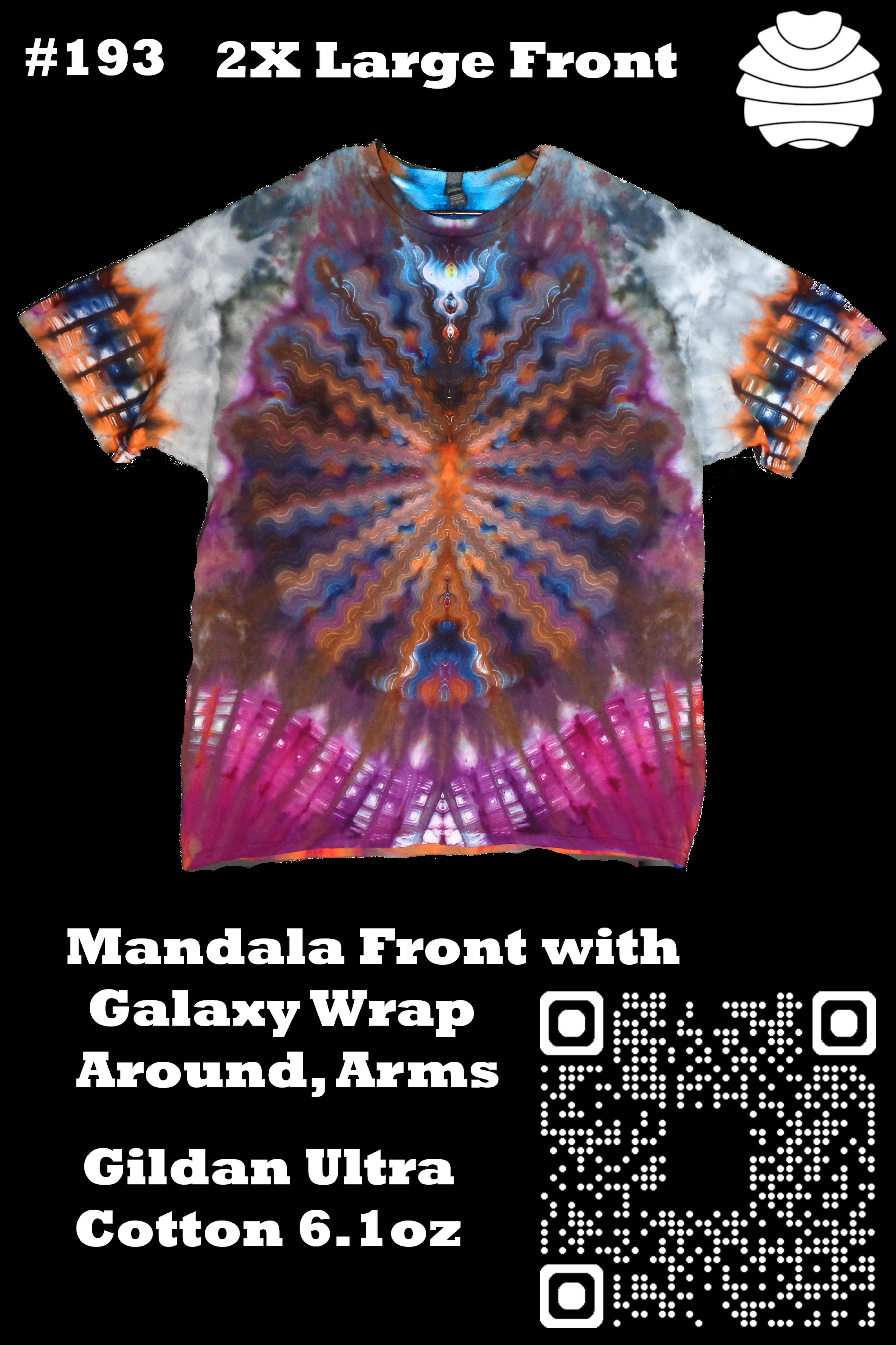 4x6 193 f from Tie Dyenied #193 2X Large, (F) Mandala Waves, (B, arms) Square Galaxy. Gildan Ultra Cotton 6.1oz, PFD 