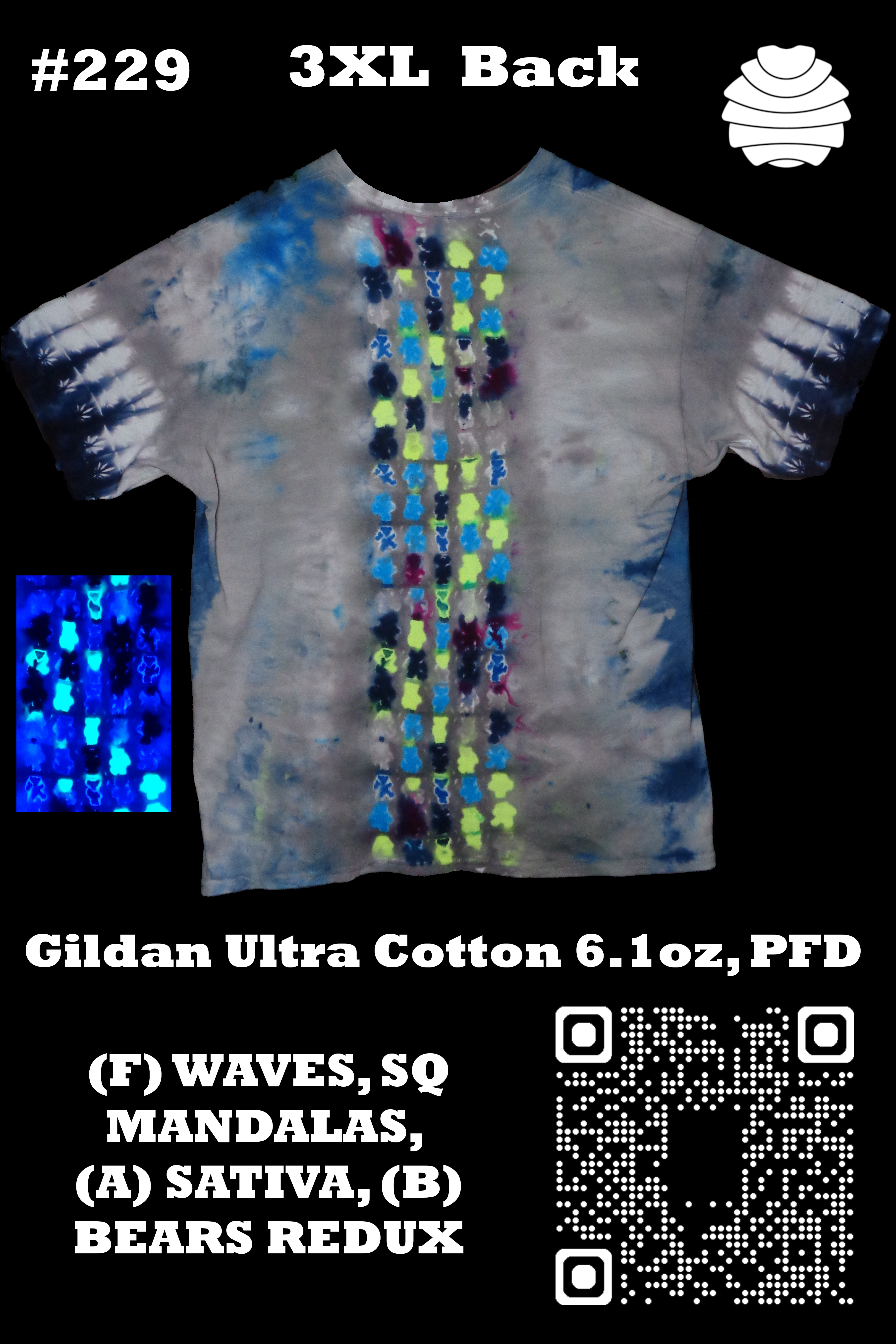 4x6 229 b from Tie Dyenied #229 3X Large, Gildan Ultra PFD, WAVES, SQ MANDALAS, SATIVA, BEARS REDUX 