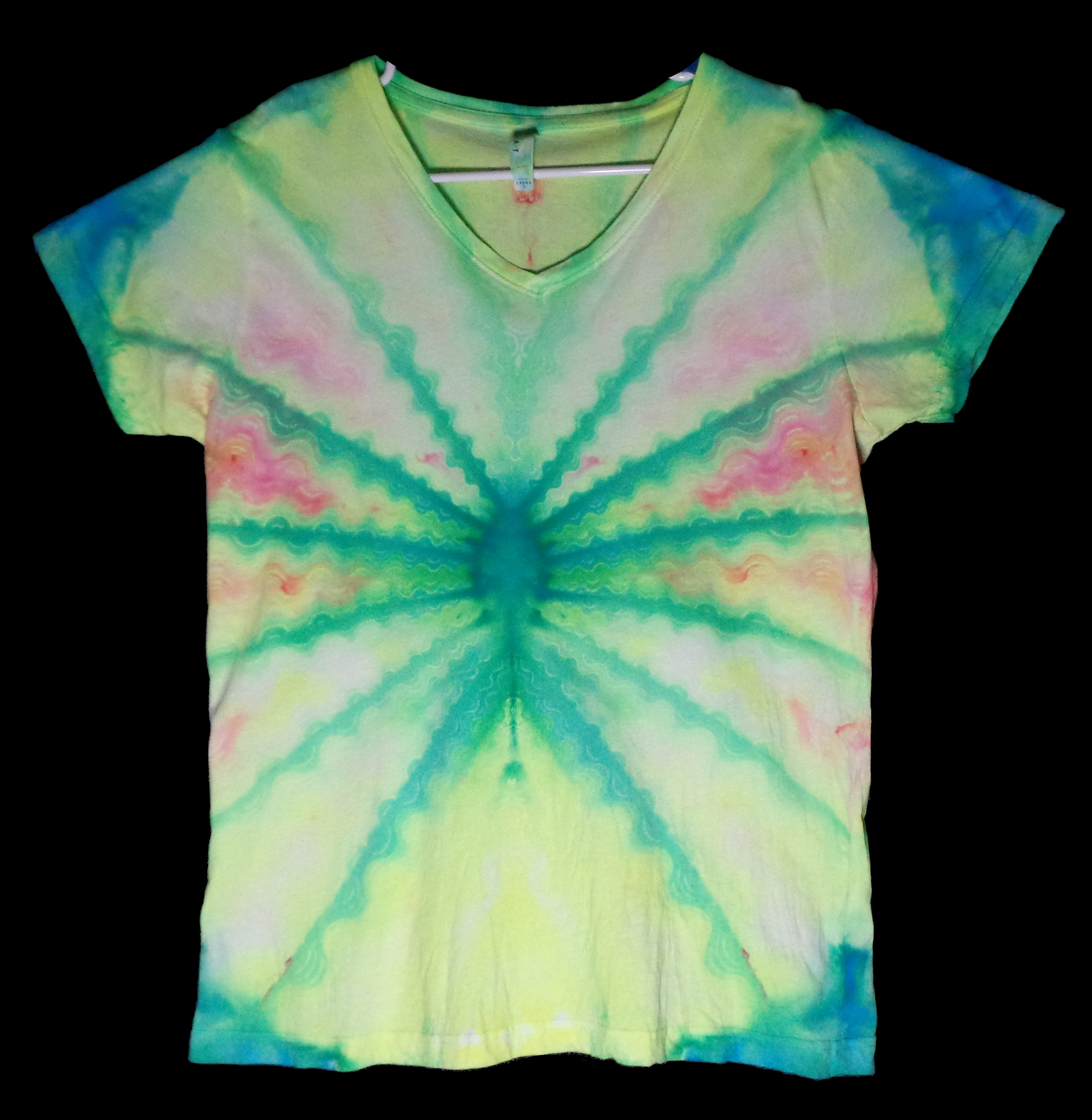 197 f from Tie Dyenied #197 Large UV Waves, Ladies V-neck LAT Style 3587, 5.5 oz. Combed Ringspun Cotton 